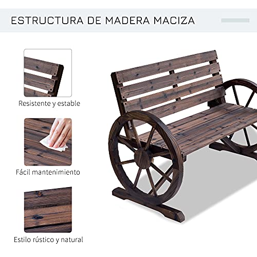 Outsunny Banco de Madera para Exteriores con Apoyabrazos en Forma de Rueda Aspecto Envejecido Jardín Balcón Terraza 105,5x56x75 cm Marrón Rústico