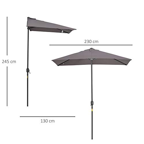 Outsunny Sombrilla Semicircular 230x130x245 cm Parasol para Pared de Jardín con Manivela y Mástil de Metal de Ø38 mm Terraza Balcón Gris