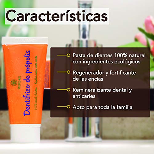 Pack x 2 Pasta de dientes natural 100g c/u. El própolis actúa como regenerador y fortificante de las encías, remineralizante dental y anticaries. Pasta de dientes sin fluor.