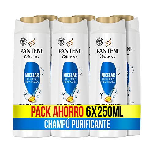 Pantene Champú Micelar Purifica & Revitaliza Nutri Pro-V, para cabello graso y apagado, Revitaliza el pelo de la raiz a las puntas, 250 ML x 6