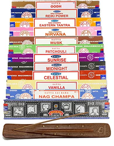 Paquete de 12 varillas de incienso Satya Nag Champa, celestial, medianoche, pachulí, almizcle, Oodh, Super Hit, Sunrise, vainilla con varilla de incienso Shakti por Buyer Express.