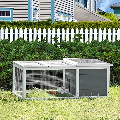 PawHut Conejera de Exterior Jaula para Conejos Cobayas Animales Pequeños con 2 Puertas Superiores y Techo Abatible Asfáltico Madera de Abeto 115x66x47,5 cm Gris