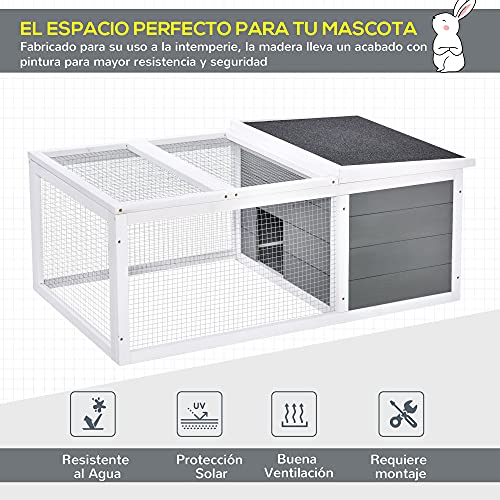 PawHut Conejera de Exterior Jaula para Conejos Cobayas Animales Pequeños con 2 Puertas Superiores y Techo Abatible Asfáltico Madera de Abeto 115x66x47,5 cm Gris