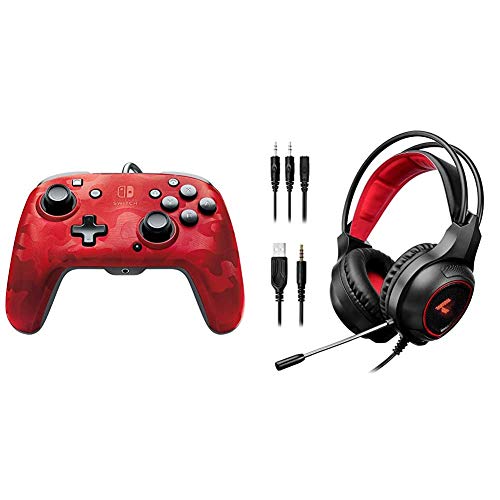 PDP Mando Pro Faceoff Deluxe Audio Chat Camo Rojo (Nintendo Switch) + LYCANDER Auriculares Gaming con luz LED con micrófono, Entrada de 3,5 mm, para PC, PS4, Xbox One, Nintendo Switch