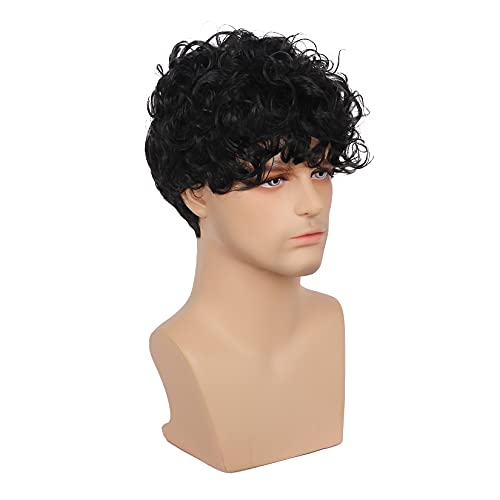 Peluca negra para hombre peluca corta y rizada para hombre pelucas de pelo sintético para Cosplay pelucas de fiesta de disfraces de Halloween resistentes al calor