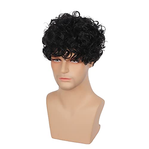 Peluca negra para hombre peluca corta y rizada para hombre pelucas de pelo sintético para Cosplay pelucas de fiesta de disfraces de Halloween resistentes al calor