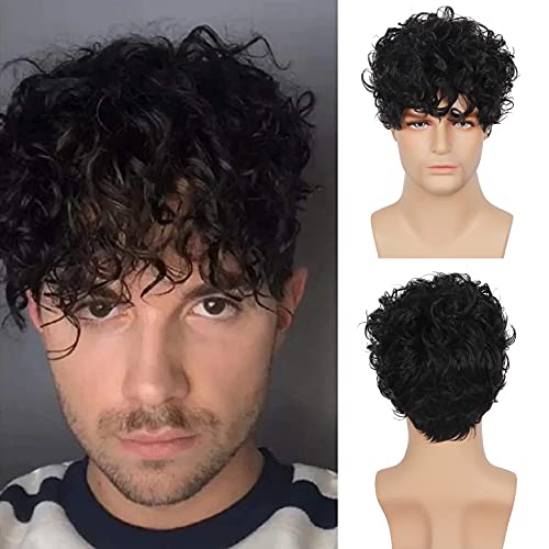 Peluca negra para hombre peluca corta y rizada para hombre pelucas de pelo sintético para Cosplay pelucas de fiesta de disfraces de Halloween resistentes al calor