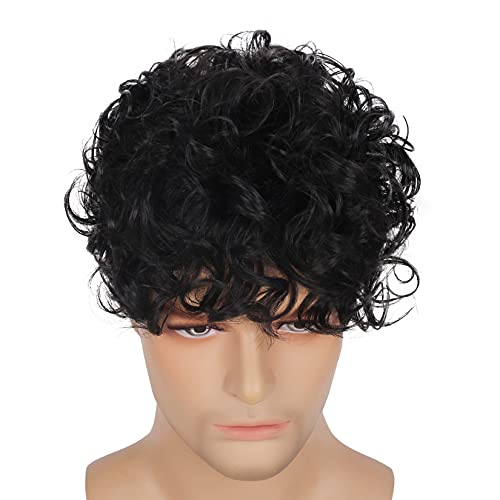 Peluca negra para hombre peluca corta y rizada para hombre pelucas de pelo sintético para Cosplay pelucas de fiesta de disfraces de Halloween resistentes al calor