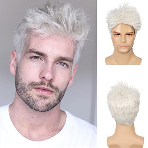 Peluca para hombre Crema blanca Peluca de pelo de cosplay en capas cortas Pelucas sintéticas llenas con gorro de peluca