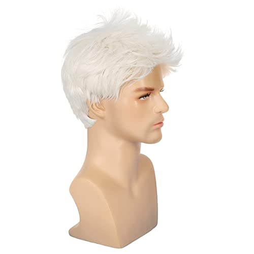 Peluca para hombre Crema blanca Peluca de pelo de cosplay en capas cortas Pelucas sintéticas llenas con gorro de peluca