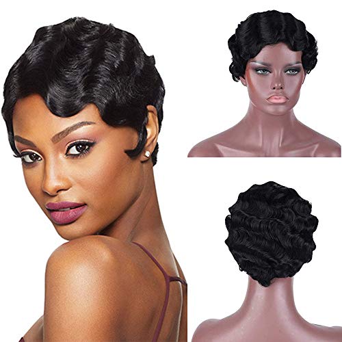 Pelucas de pelo humano con onda de dedo para las mujeres negras cortas Bob onda de agua rizada Pixie corte Pelucas Cabello humano Onda Océano Mamá Daily Party peluca 2#