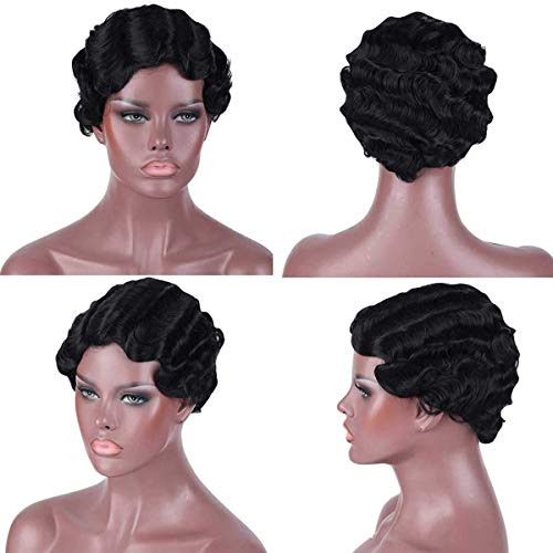 Pelucas de pelo humano con onda de dedo para las mujeres negras cortas Bob onda de agua rizada Pixie corte Pelucas Cabello humano Onda Océano Mamá Daily Party peluca 2#