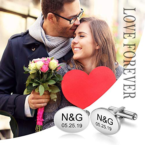 Personalizados Hombre Gemelos con Nombre Fecha Grabados Plata Gemelos Muñeca Gemelos para Hombre Regalo para el Día de San Valentín Aniversario Día del Padre (Plata 6)