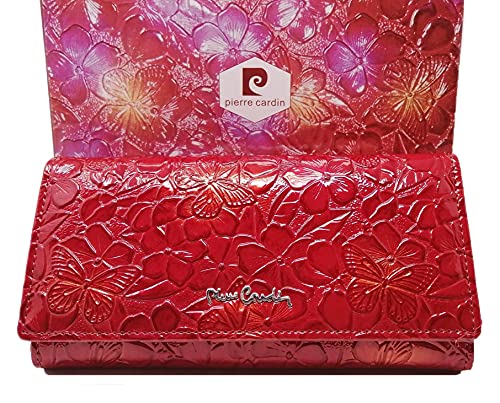 PIERRE CARDIN Cartera de mujer, hermosa, grande, espacioso, cuero, rfi, regalo, cartera con monedero, billetera para niña, rojo,