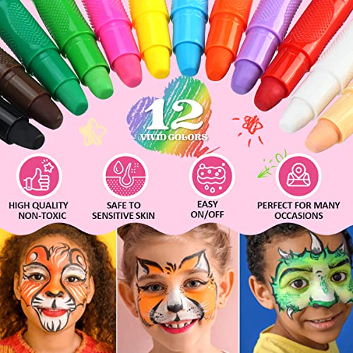 Pinturas Cara para Niños, 12 Colores Pinturas Faciales y Corporal Seguro, No Tóxico, Maquillaje Pintacaras, Crayones Pintados Adecuados para Halloween, Carnaval, Fiestas, Pascua, Navidad