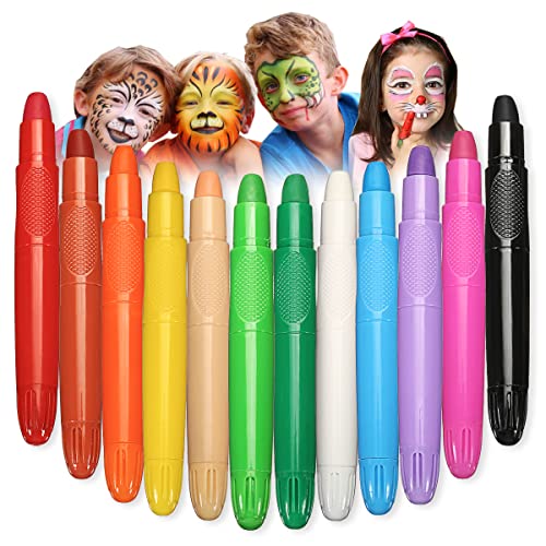 Pinturas Cara para Niños, 12 Colores Pinturas Faciales y Corporal Seguro, No Tóxico, Maquillaje Pintacaras, Crayones Pintados Adecuados para Halloween, Carnaval, Fiestas, Pascua, Navidad