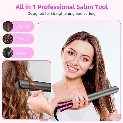 Plancha cabello iones negativos para rizar y alisar 2en1 plancha para alisar el cabello con elemento calefactor de cerámica infrarroja pantalla LCD de temperatura ajustable, calentamiento rápido 45S