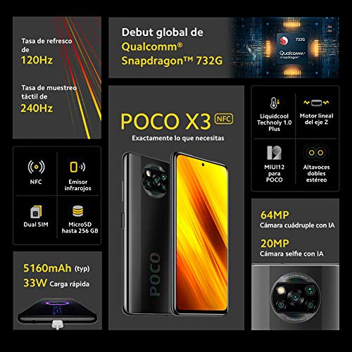 POCO X3 NFC - Smartphone 6.67” FHD+, 6 + 128GB, Snapdragon 732G, 64 MP con IA, Quad-cámara, 5160 mAh, color Gris sombra [Versión ES/PT]