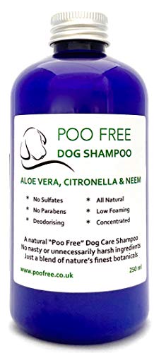 POO FREE 99% Natural CHAMPÚ para Perros - con Aloe Vera, CITRONELA & NEEM - 250ml pH Equilibrado. Sin Sulfatos, Sin Parabenos, Sin Silicona. Concentrado, Limpia, Calma, Hidrata, Alivia.