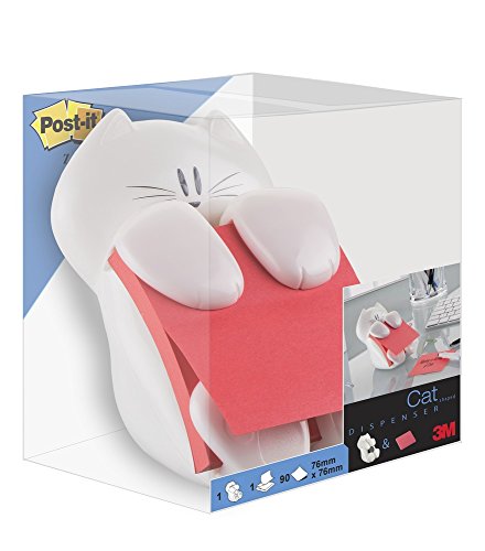 Post-It CAT-330 - Dispensador de notas, diseño Gato, color blanco (7,6 x 7,6 cm) – Incluye 1 bloc de Z-notas adhesivas super sticky color amapola