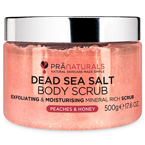 PraNaturals Exfoliante de Sal del Mar Muerto con Melocotón y Miel 500G – Para una Piel Suave, Hidratada y Nutrida, Dulce Fragancia Frutal, Rico en Aceites y Minerales Naturales, Sin Parabenos y Vegano