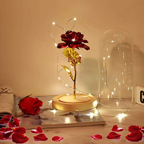 PREUP Rosa Eterna Rosas Bella y Bestia, Elegante Cúpula de Cristal con Base Pino Luces LED Regalos para el Día de San Valentín, Día de la Madre, Aniversario de Bodas, Cumpleaño (Dorado)