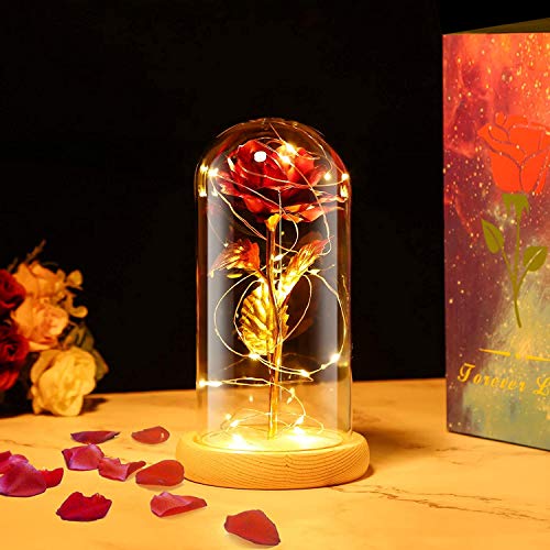 PREUP Rosa Eterna Rosas Bella y Bestia, Elegante Cúpula de Cristal con Base Pino Luces LED Regalos para el Día de San Valentín, Día de la Madre, Aniversario de Bodas, Cumpleaño (Dorado)