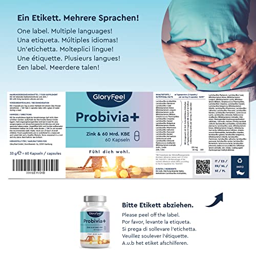 Probióticos Complex Probivia + Zinc - 60 mil millones UFC - 21 cepas bacterianas + Inulina y Zinc con Lactobacillus y Bifidobacterium - Probado en laboratorio, vegano y hecho en Alemania