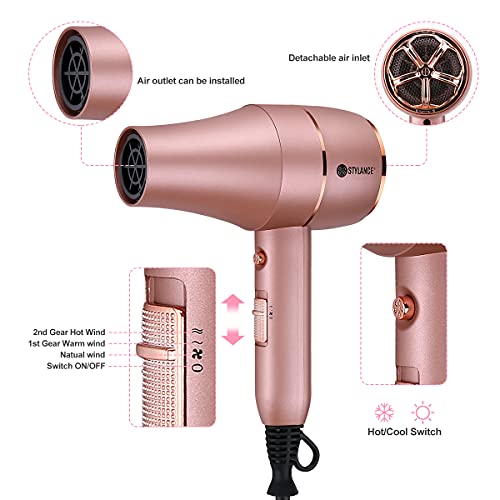 Profesional lonic Dry Secador de pelo con Tecnología Aeroprecis,3 velocidades 1 botón Frío 2000W, Potente Motor de AC,Secadores de Pelo para Mujeres y Hombres (Oro Rosa)