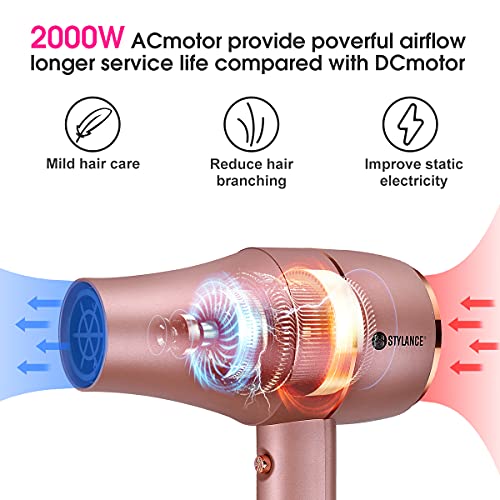 Profesional lonic Dry Secador de pelo con Tecnología Aeroprecis,3 velocidades 1 botón Frío 2000W, Potente Motor de AC,Secadores de Pelo para Mujeres y Hombres (Oro Rosa)