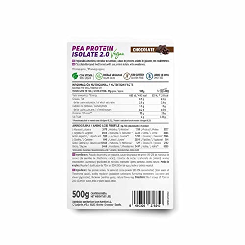 Proteína de Guisante Aislada de HSN | Sabor Chocolate 2 Kg = 67 Tomas por Envase | 100% Vegana | Pea Protein Isolate | No-GMO, Sin Gluten, Sin Soja ni Azúcares añadidos