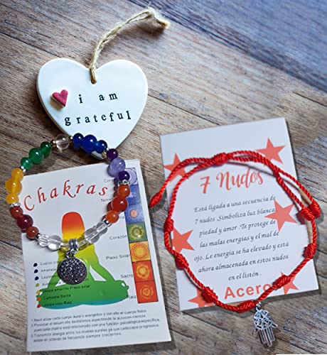 Pulsera 7 Nudos Roja – Hilo Rojo-Ajustable + Mano de Fátima + Pulsera 7 Chakras + Arbol de la Vida. Protección malas energías - Buena Suerte. (7-nudos-roja-fatima-7-chakras-arbol)