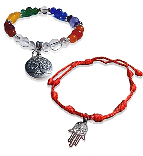 Pulsera 7 Nudos Roja – Hilo Rojo-Ajustable + Mano de Fátima + Pulsera 7 Chakras + Arbol de la Vida. Protección malas energías - Buena Suerte. (7-nudos-roja-fatima-7-chakras-arbol)