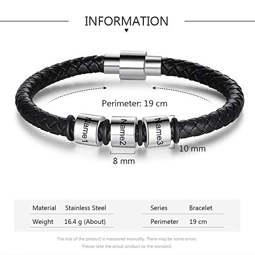 Pulsera Personalizada Hombres Brazalete de Cuero Trenzado con 3-5 Nombre Grabado Pulsera Amigo Padre Hijo Regalo para Jubilee Día de San Valentín Día del Padre (3 cuentas)