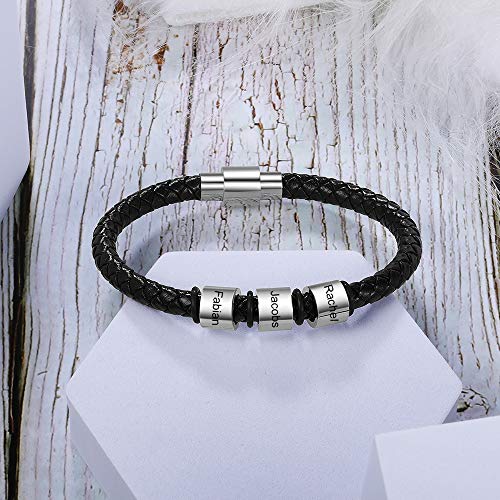 Pulsera Personalizada Hombres Brazalete de Cuero Trenzado con 3-5 Nombre Grabado Pulsera Amigo Padre Hijo Regalo para Jubilee Día de San Valentín Día del Padre (3 cuentas)