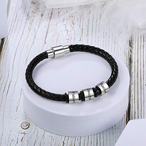 Pulsera Personalizada Hombres Brazalete de Cuero Trenzado con 3-5 Nombre Grabado Pulsera Amigo Padre Hijo Regalo para Jubilee Día de San Valentín Día del Padre (3 cuentas)