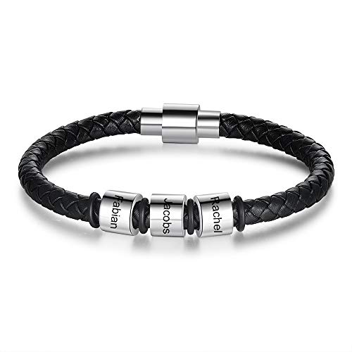 Pulsera Personalizada Hombres Brazalete de Cuero Trenzado con 3-5 Nombre Grabado Pulsera Amigo Padre Hijo Regalo para Jubilee Día de San Valentín Día del Padre (3 cuentas)