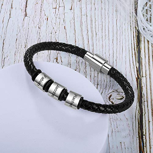 Pulsera Personalizada Hombres Brazalete de Cuero Trenzado con 3-5 Nombre Grabado Pulsera Amigo Padre Hijo Regalo para Jubilee Día de San Valentín Día del Padre (3 cuentas)