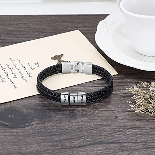 Pulsera Personalizada para Hombre con 1-8 Nombre Grabado Plata Cuentas Cuero Trenzado Pulsera padre Amigo Hijo Regalo para el Día de San Valentín Día de los Padres (3 Nombre)