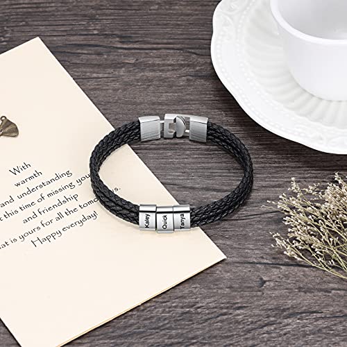 Pulsera Personalizada para Hombre con 1-8 Nombre Grabado Plata Cuentas Cuero Trenzado Pulsera padre Amigo Hijo Regalo para el Día de San Valentín Día de los Padres (3 Nombre)