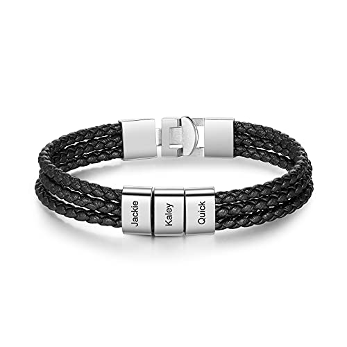 Pulsera Personalizada para Hombre con 1-8 Nombre Grabado Plata Cuentas Cuero Trenzado Pulsera padre Amigo Hijo Regalo para el Día de San Valentín Día de los Padres (3 Nombre)