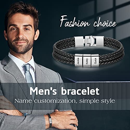 Pulsera Personalizada para Hombre con 1-8 Nombre Grabado Plata Cuentas Cuero Trenzado Pulsera padre Amigo Hijo Regalo para el Día de San Valentín Día de los Padres (3 Nombre)