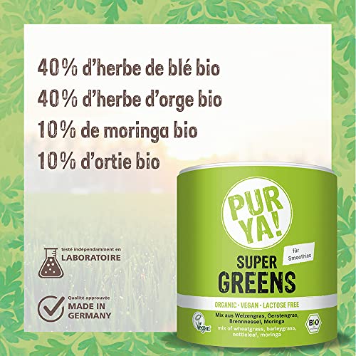 PURYA! BIO SUPER GREENS, con hierba de trigo, hierba de cebada, ortiga y moringa, para smoothies, batidos y más, proteína vegana para la construcción muscular, vegana y sin lactosa, 150g