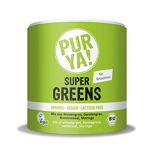 PURYA! BIO SUPER GREENS, con hierba de trigo, hierba de cebada, ortiga y moringa, para smoothies, batidos y más, proteína vegana para la construcción muscular, vegana y sin lactosa, 150g