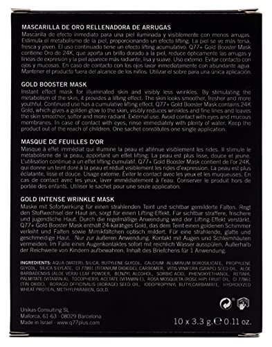 Q77+ GOLD BOOSTER MASK - MASCARILLA FACIAL REAFIRMANTE con Oro 24K - Mascarilla Facial con Sílice. Vitaminas A y B - Mascarilla Antiarrugas - Tratamiento Facial Antienvejecimiento - 10 sobres de 3.3gr