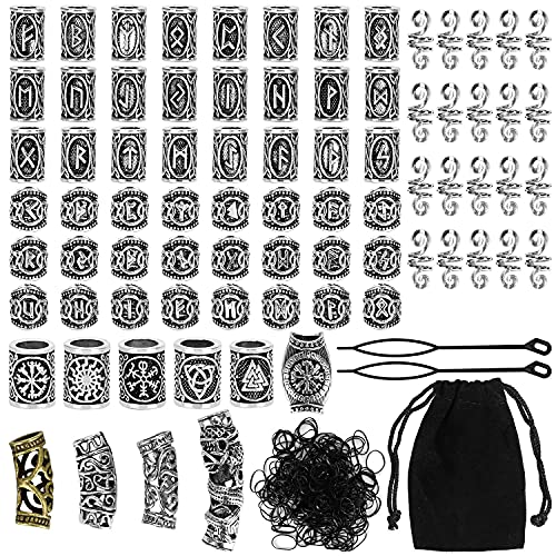 Queta Nórdico Cuentas de Runas para Barbas Pelo Paracaídas Colgantes y Pulseras DIY Joyas, 80pcs 13 Estilos Cuentas de Barba Vikinga Decoración del Cabello Barbas con Bolsa