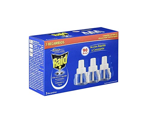 Raid difusor eléctrico Anti Mosquitos comunes y Tigre, 270 Noches, 9 recambios-Pack de 3 Unidades, Azul