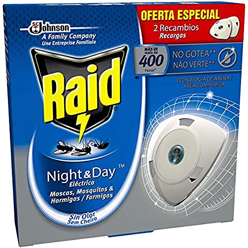 Raid Night & Day Eléctrico - 2 Recambios de insecticida automático contra moscas, mosquitos y hormigas, sin goteo, sin olor