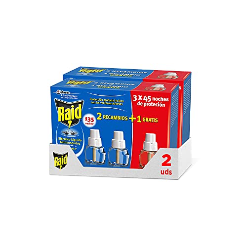 Raid ® Pack de 2+1 Recambios Eléctrico Líquido 45 noches, Pack de 2Uds - Cargadores para aparato enchufe anti mosquitos comunes y tigre Raid Eléctrico Líquido, Hasta 270 noches de protección