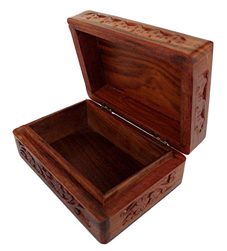 Rastogi Handicrafts Caja de madera tallada para joyería hecha a mano india, perfecta para pequeñas joyas,